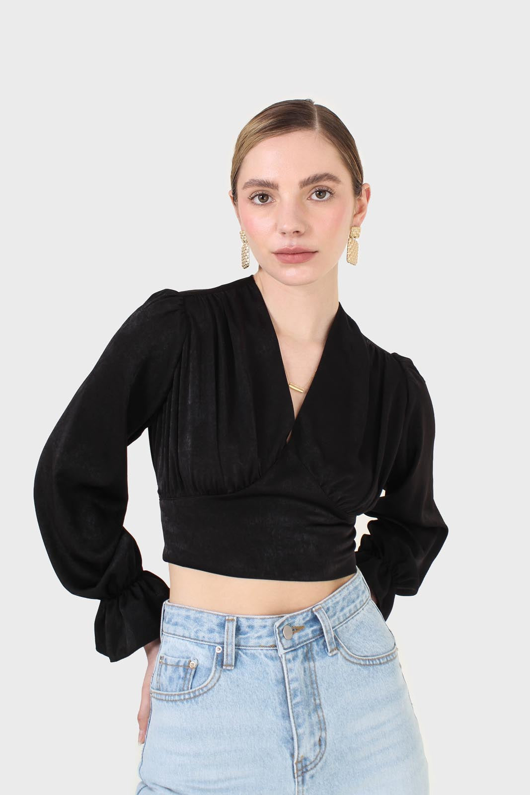 Black deep V tie back cropped long sleeve blouse