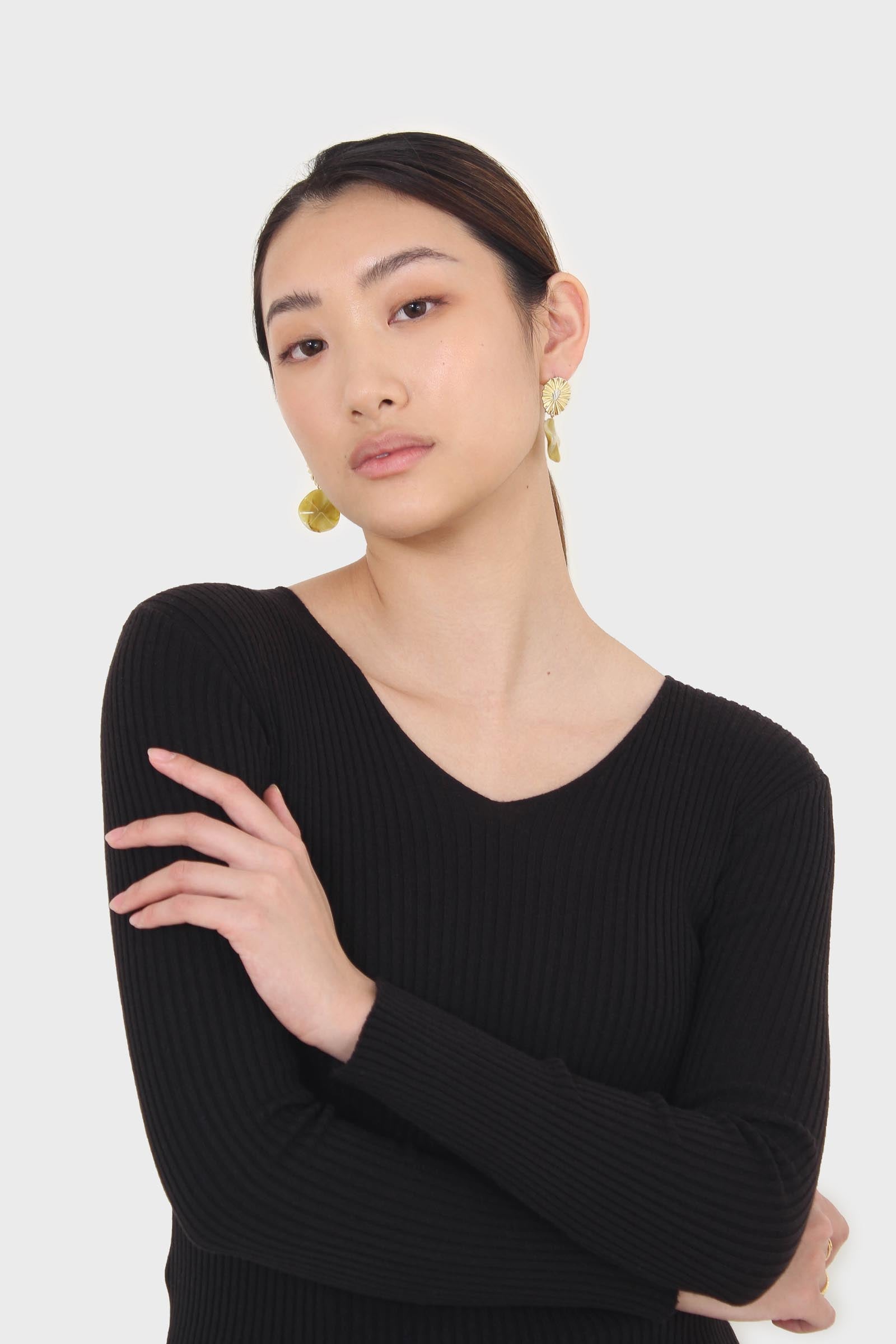 Black V-neck ribbed long sleeved knit top