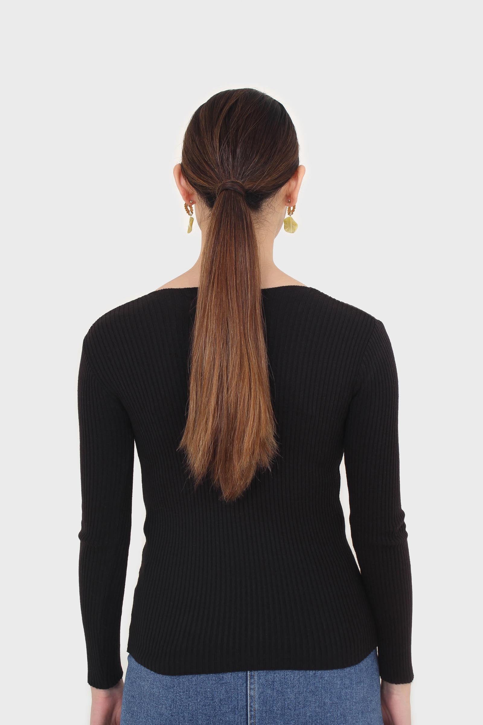 Black V-neck ribbed long sleeved knit top