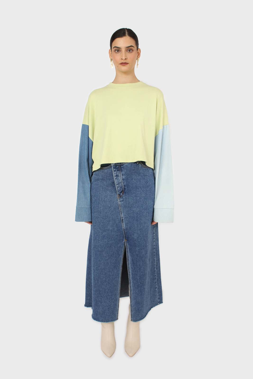 Lime denim colour block sleeve cropped top