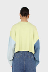 Lime denim colour block sleeve cropped top