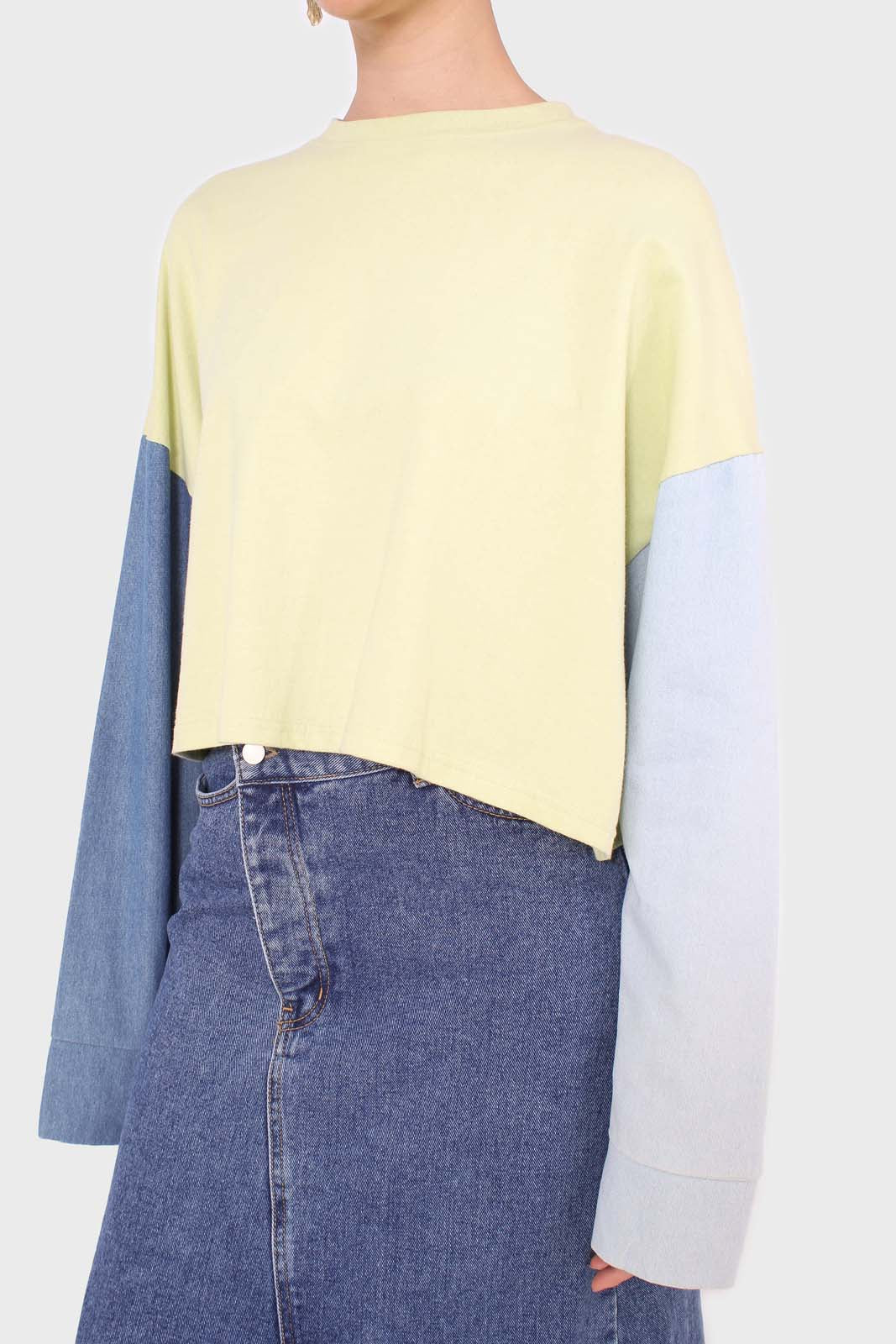 Lime denim colour block sleeve cropped top