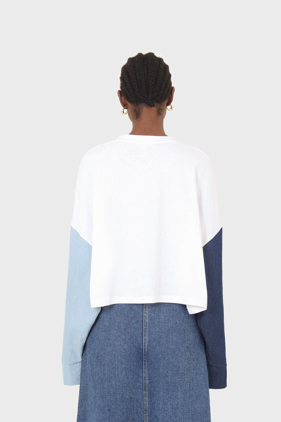 White denim colour block sleeve cropped top