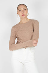 Beige shirring jersey long sleeved top