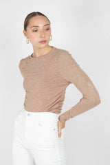 Beige shirring jersey long sleeved top