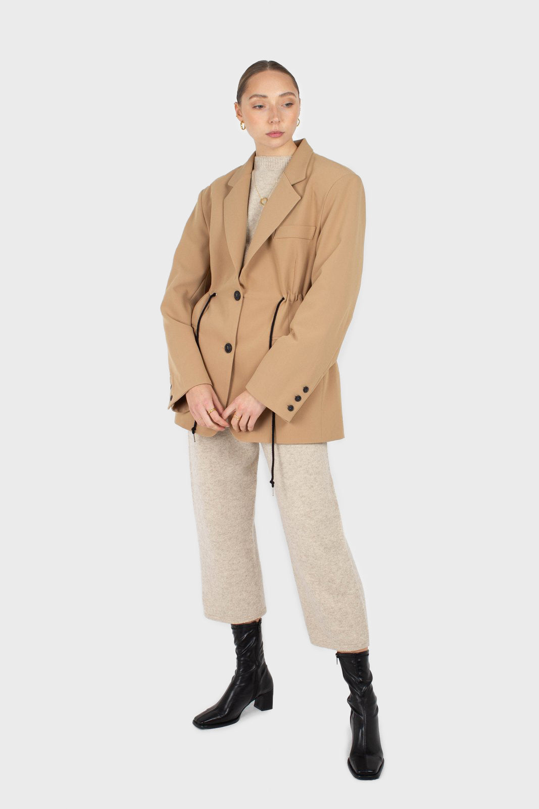 Beige drawstring waist blazer