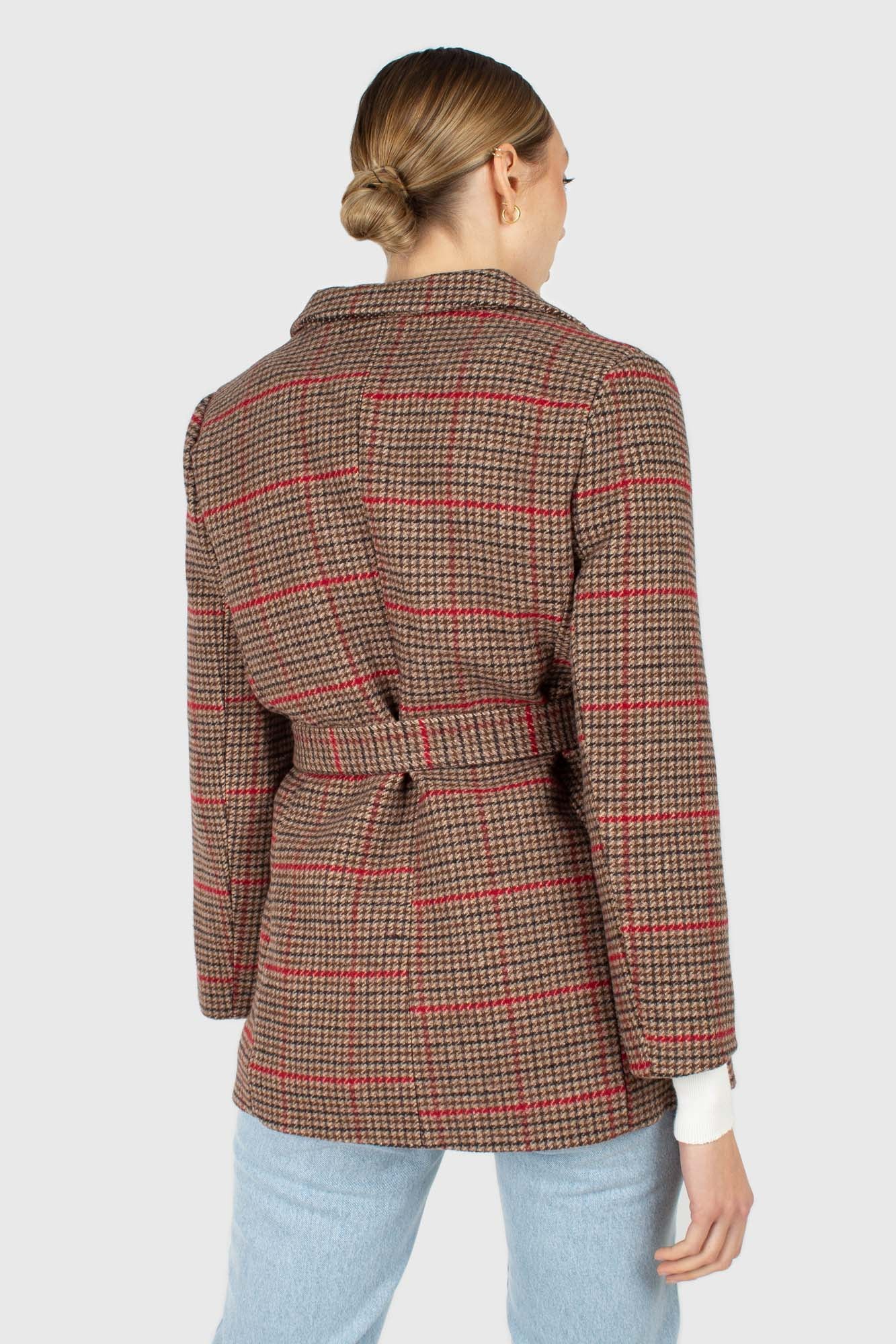 Beige and red checked belted long jacket