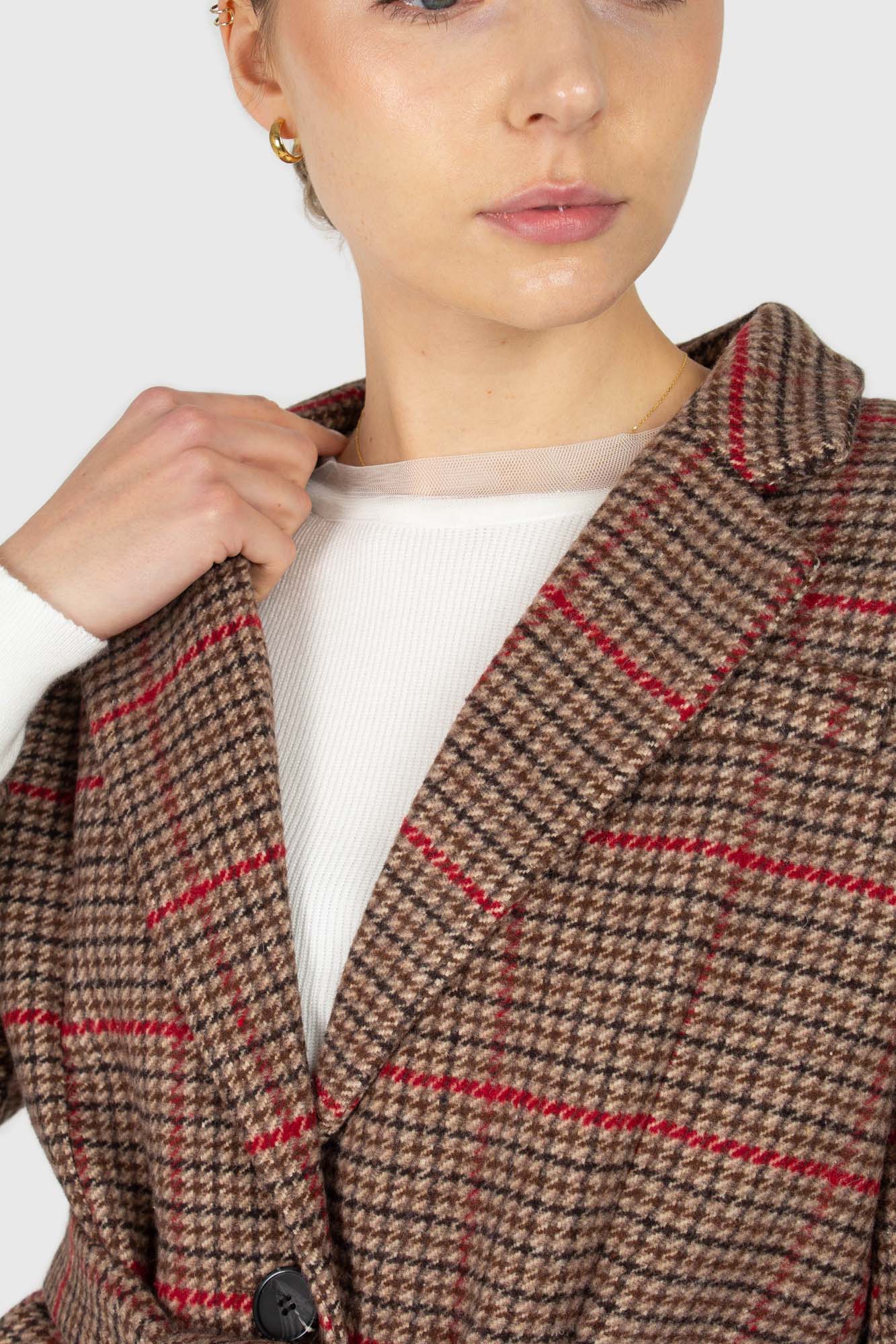 Beige and red checked belted long jacket