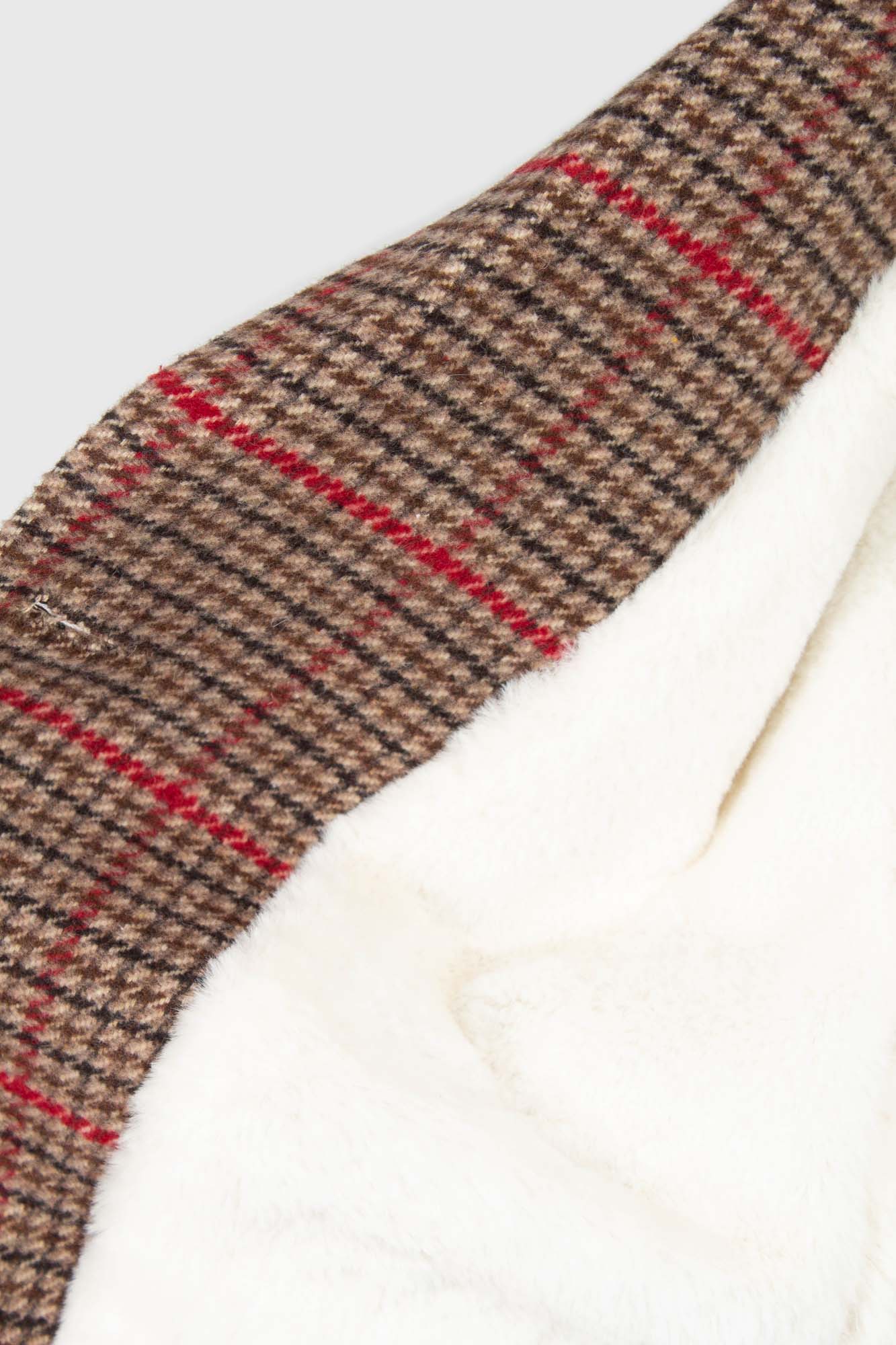 Beige and red checked belted long jacket