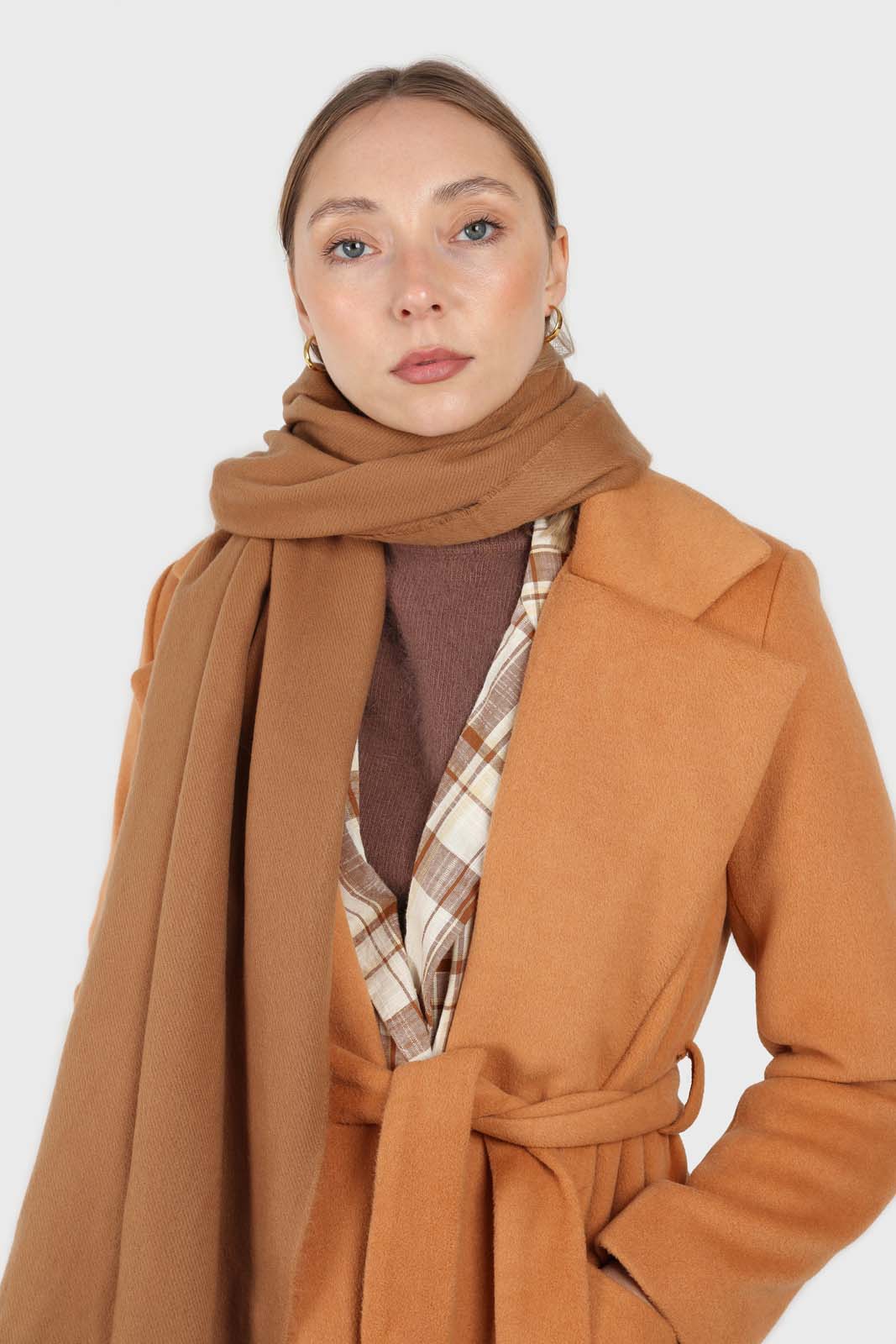 Camel soft wool belted long robe coat