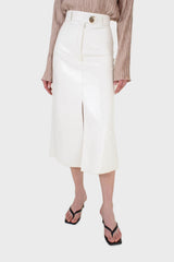 Ivory PVC front slit gold button maxi skirt