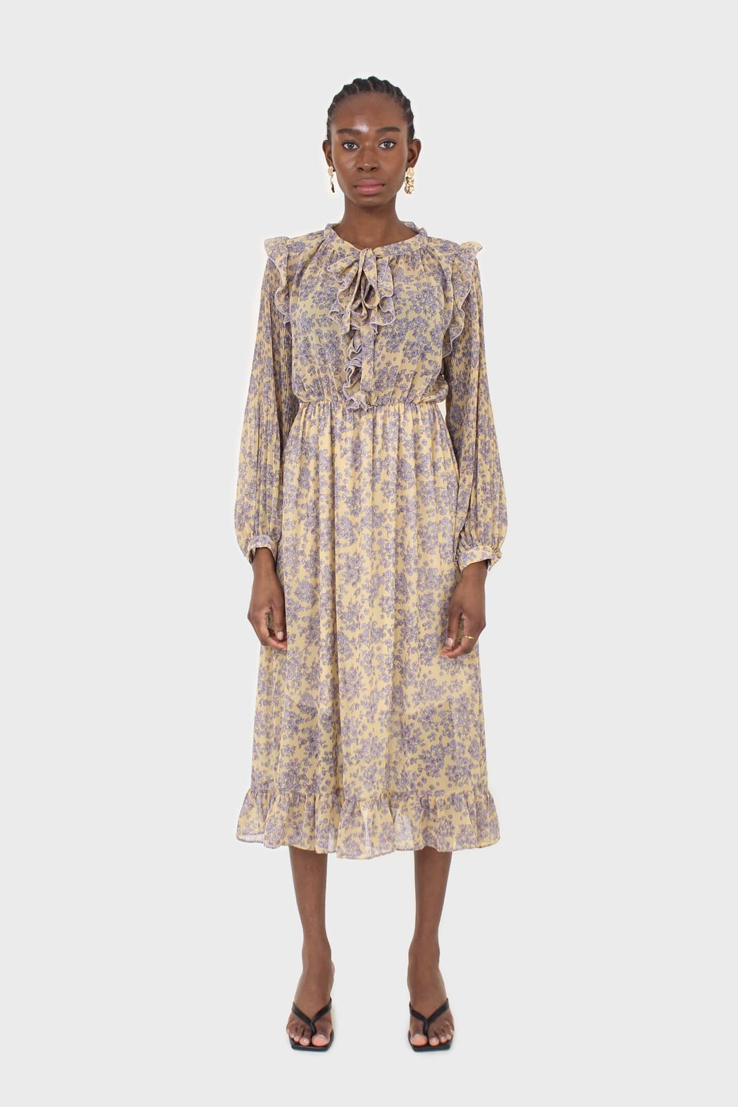 Yellow and grey floral print ruffle trim maxi dress