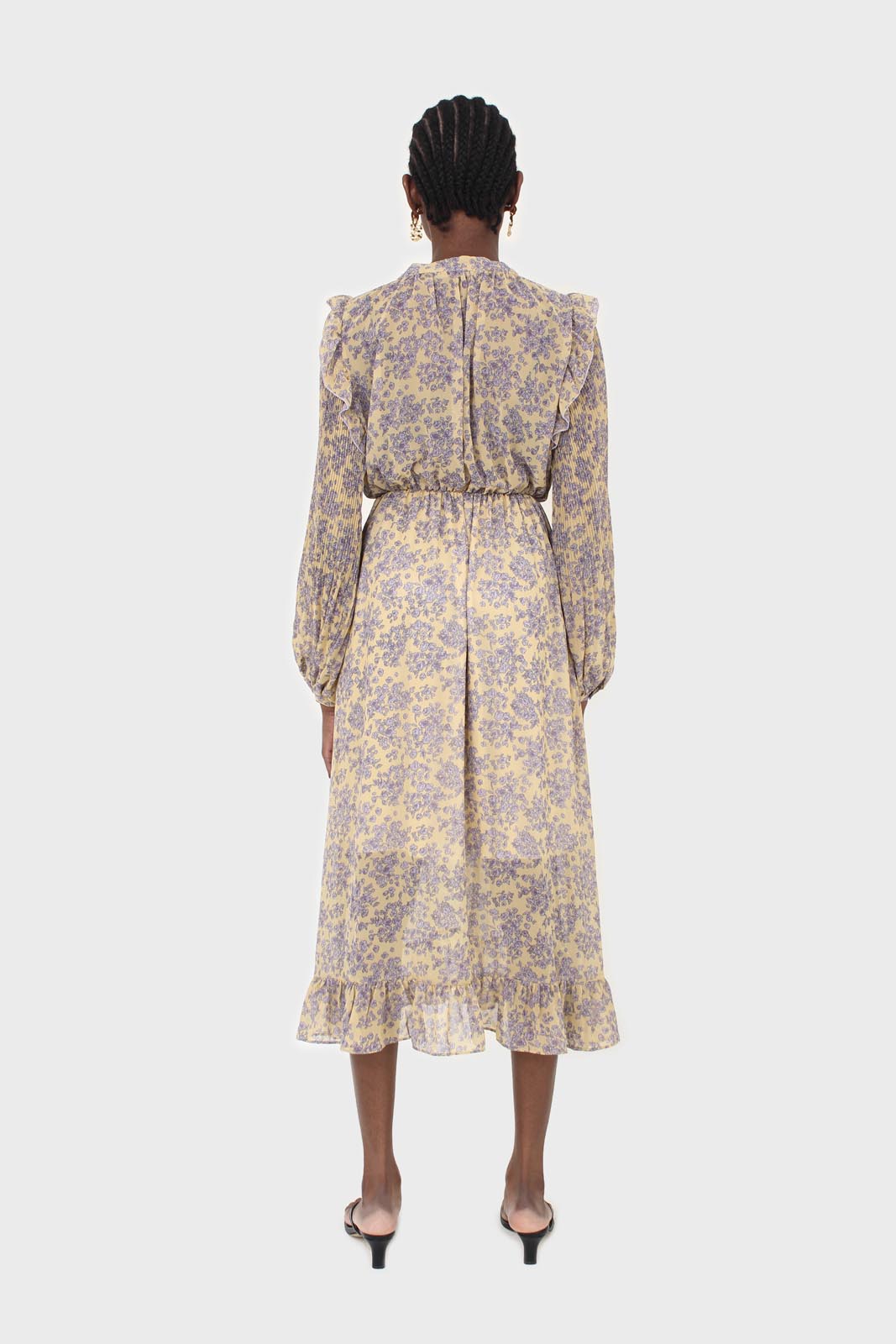 Yellow and grey floral print ruffle trim maxi dress