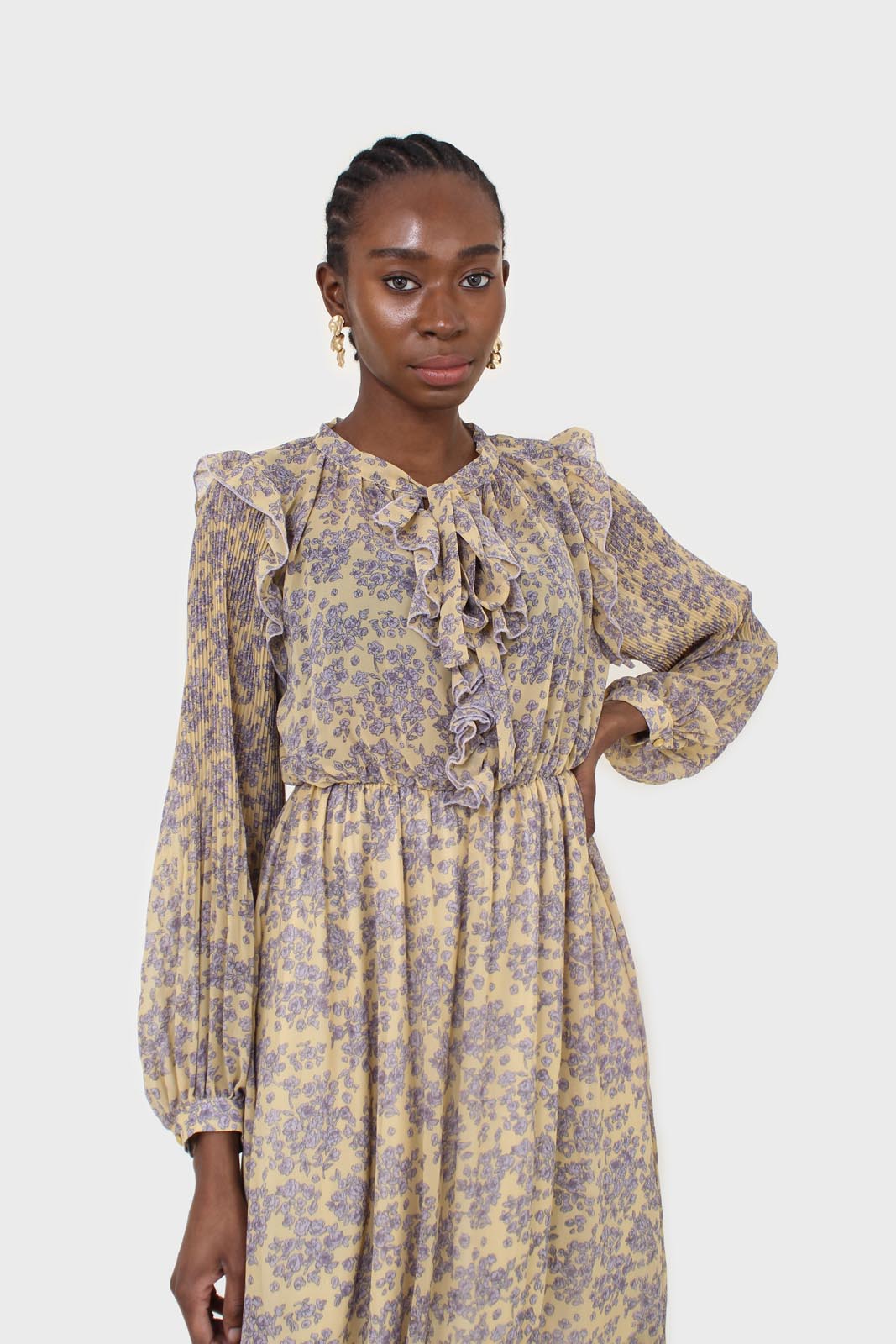 Yellow and grey floral print ruffle trim maxi dress