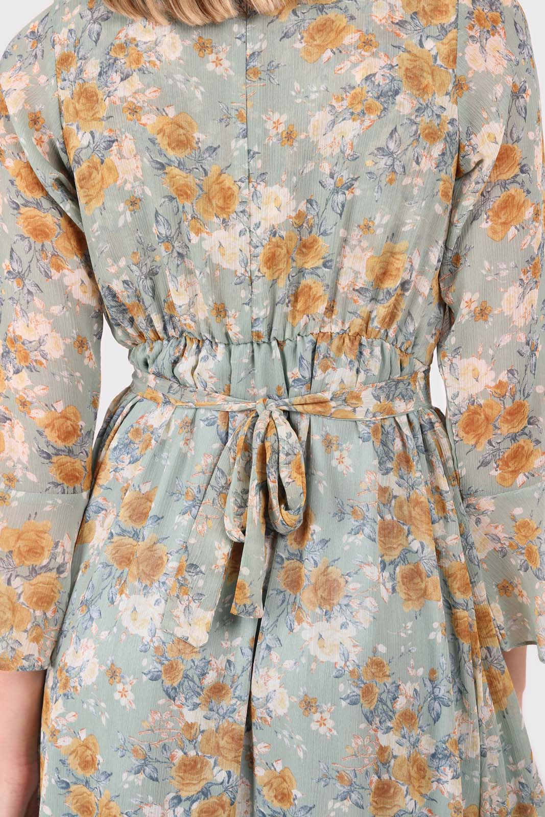 Light blue and mustard floral print layered V dress