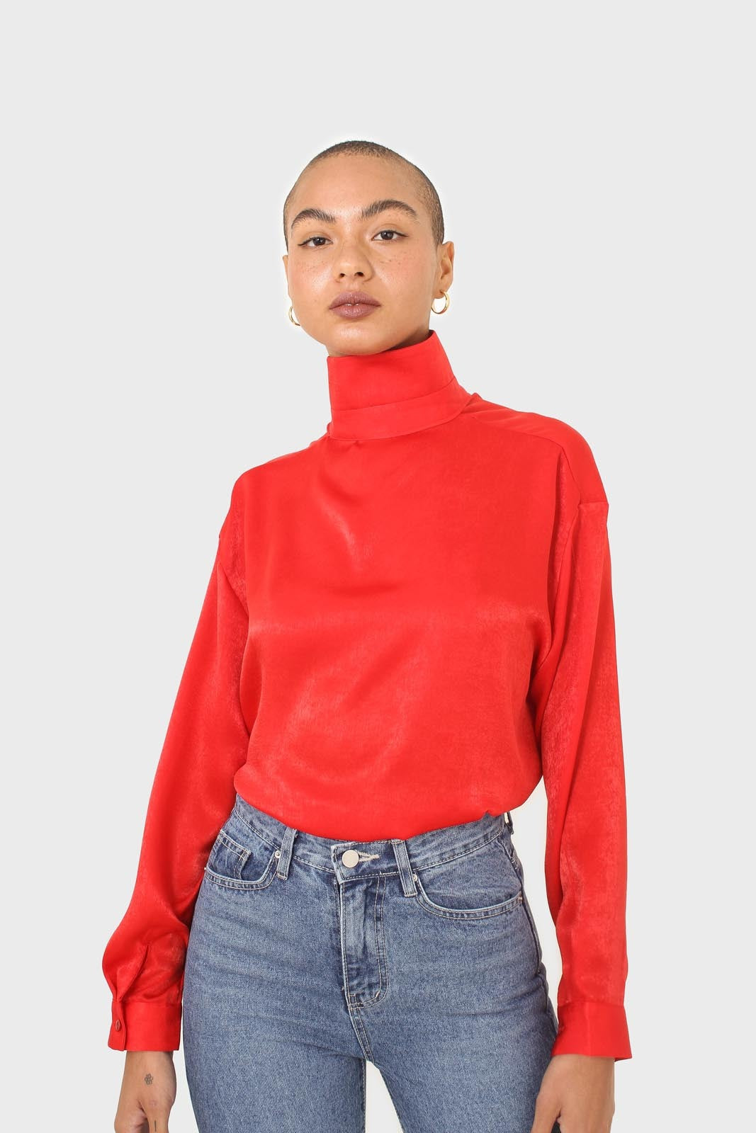 Bright red textured silky plunging tie front shirt