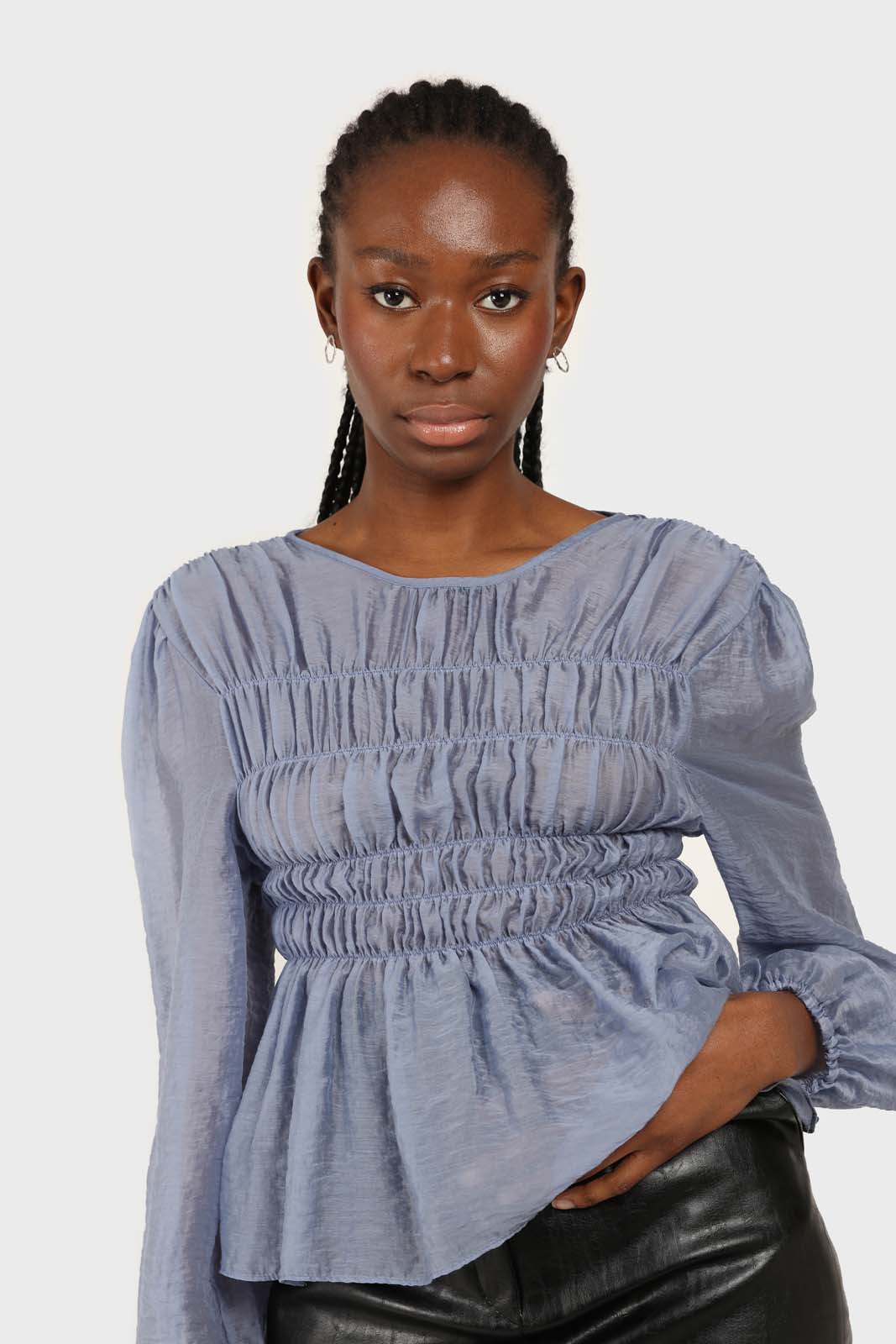 Mid blue silky ruched long sleeved blouse
