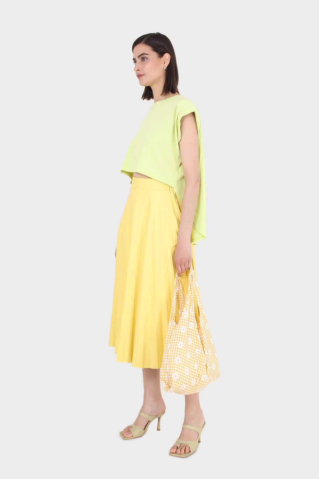 Yellow vegan leather pleated midi skirt