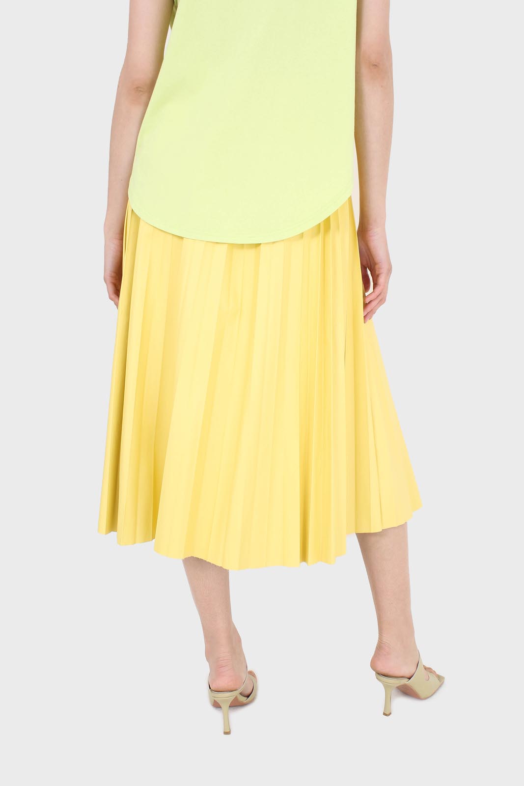 Yellow vegan leather pleated midi skirt