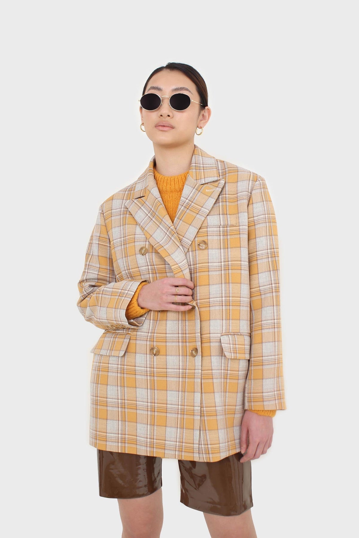 Orange and yellow checked oversized blazer