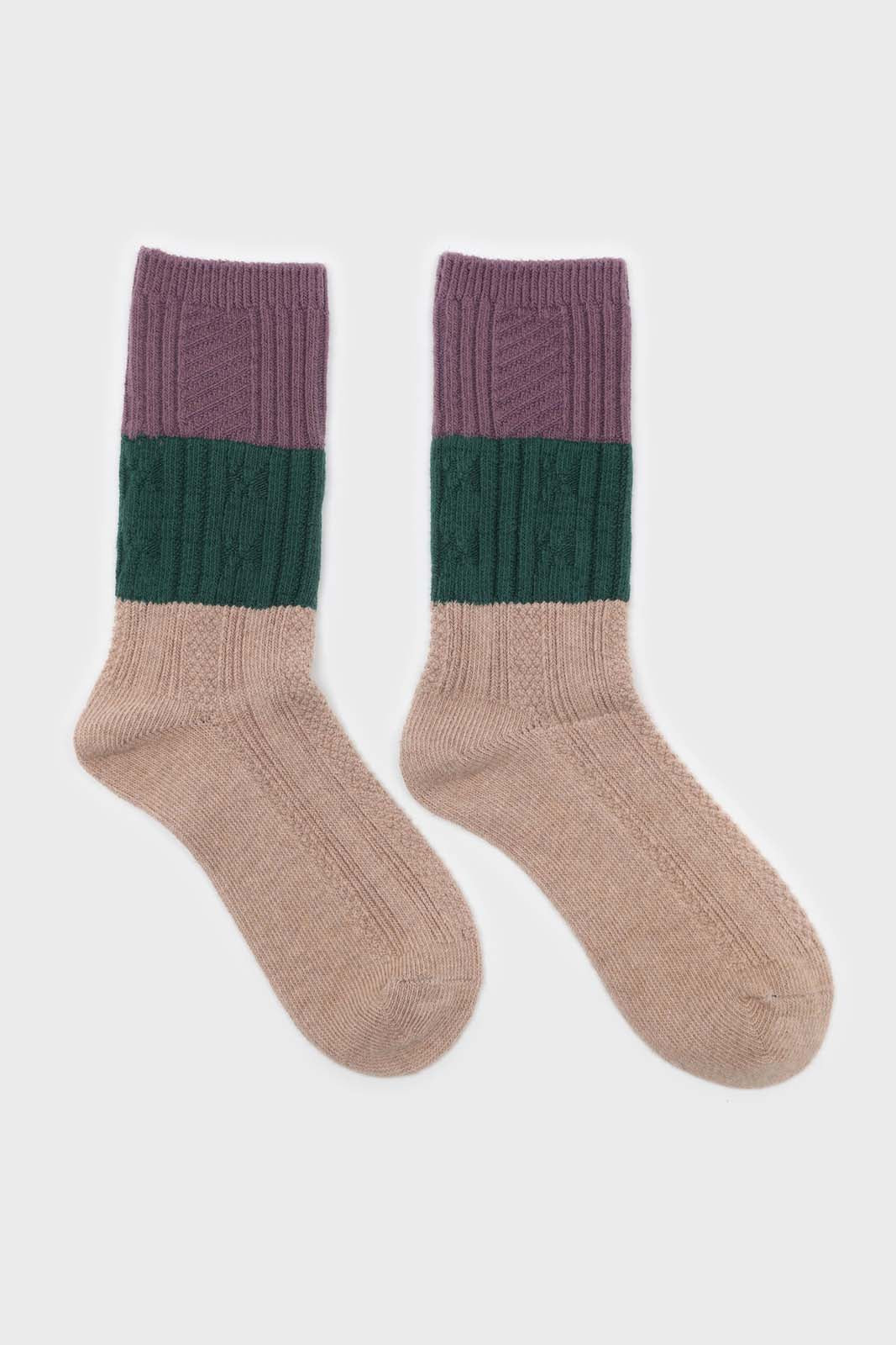Beige green and purple triple colorblock socks