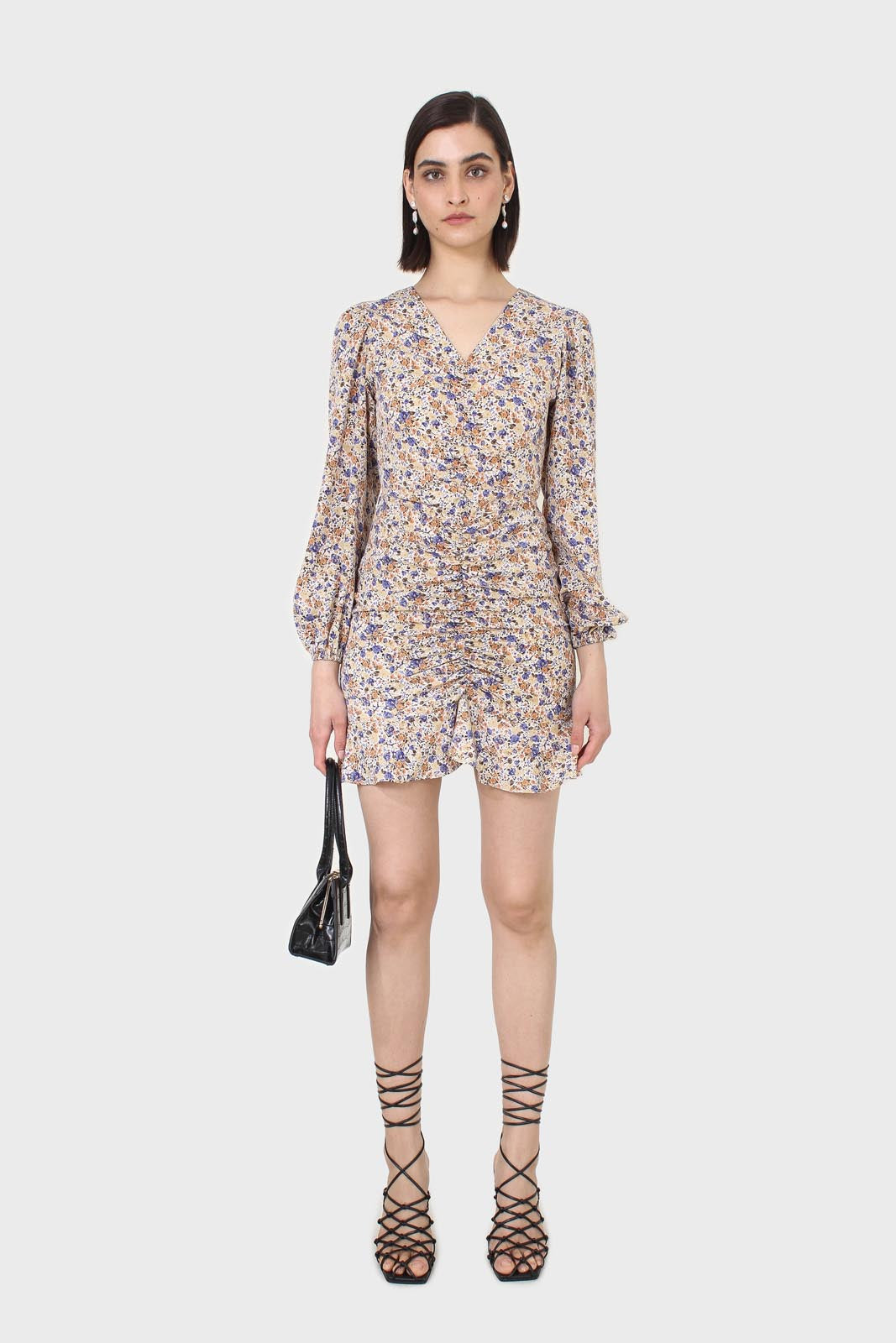 Ivory and orange floral ruched mini dress