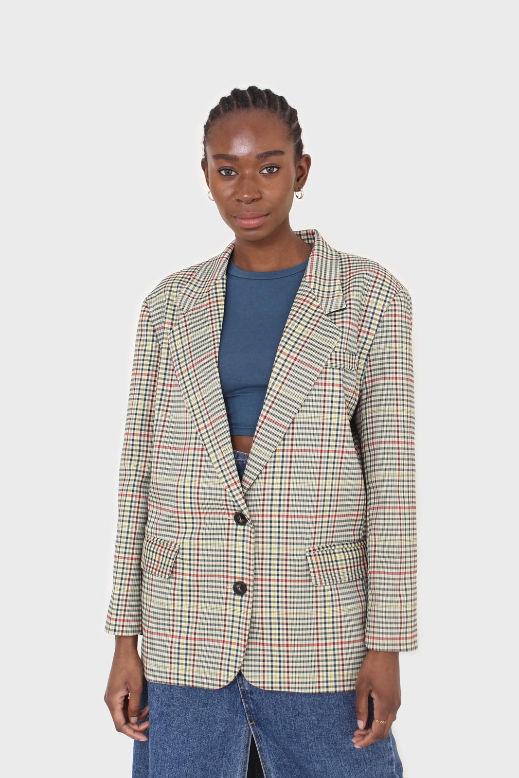 Pale yellow and red green oversized checked blazer