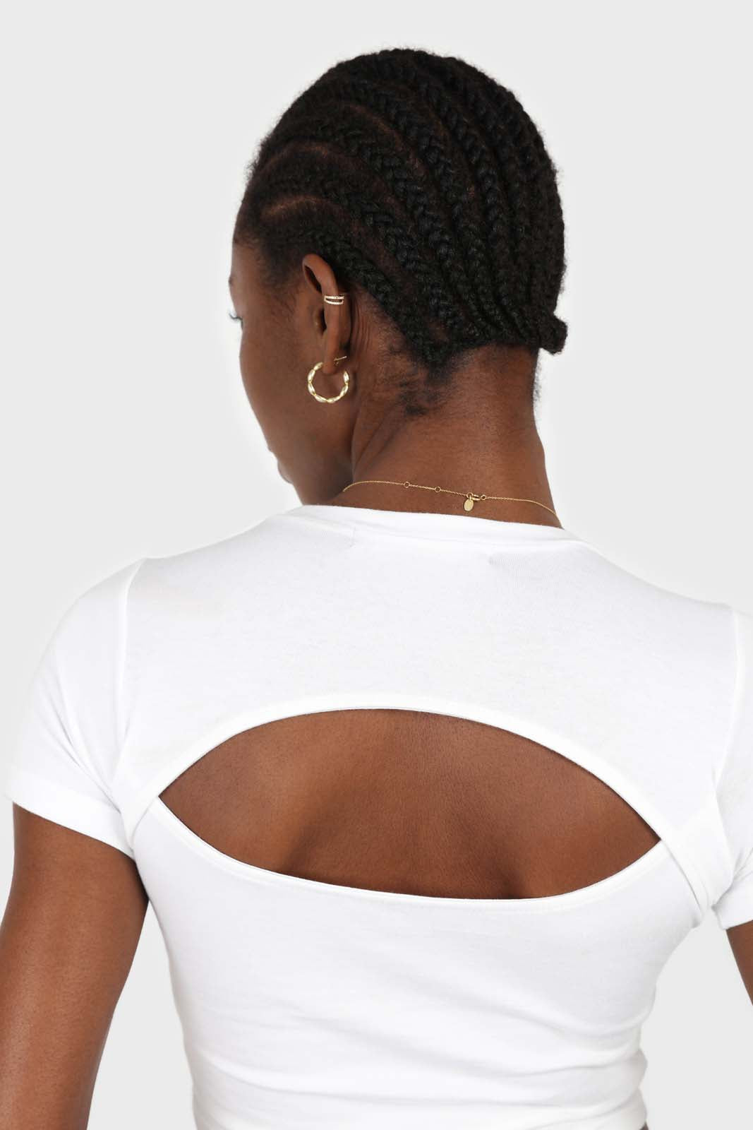 White peek back short sleeve tee
