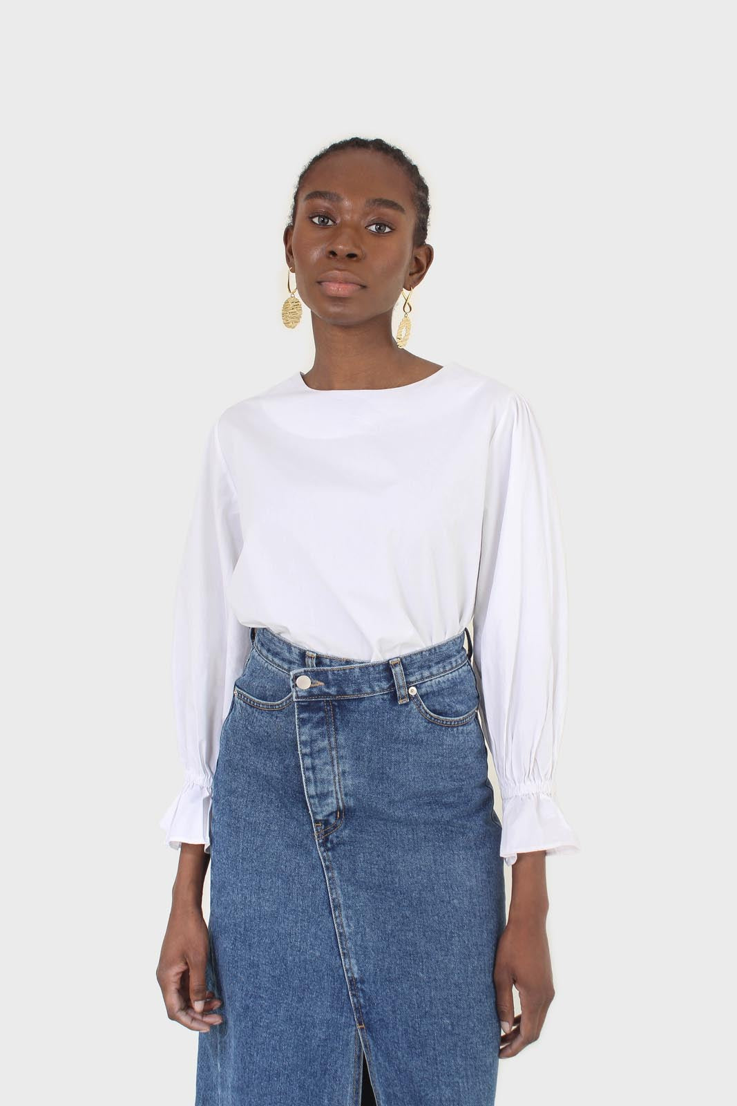 White cotton frill long sleeved top