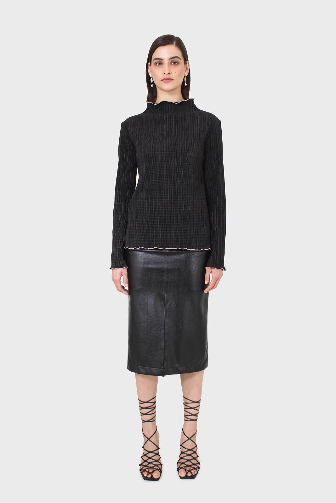 Black micro pleat pink contrast trim long sleeved top