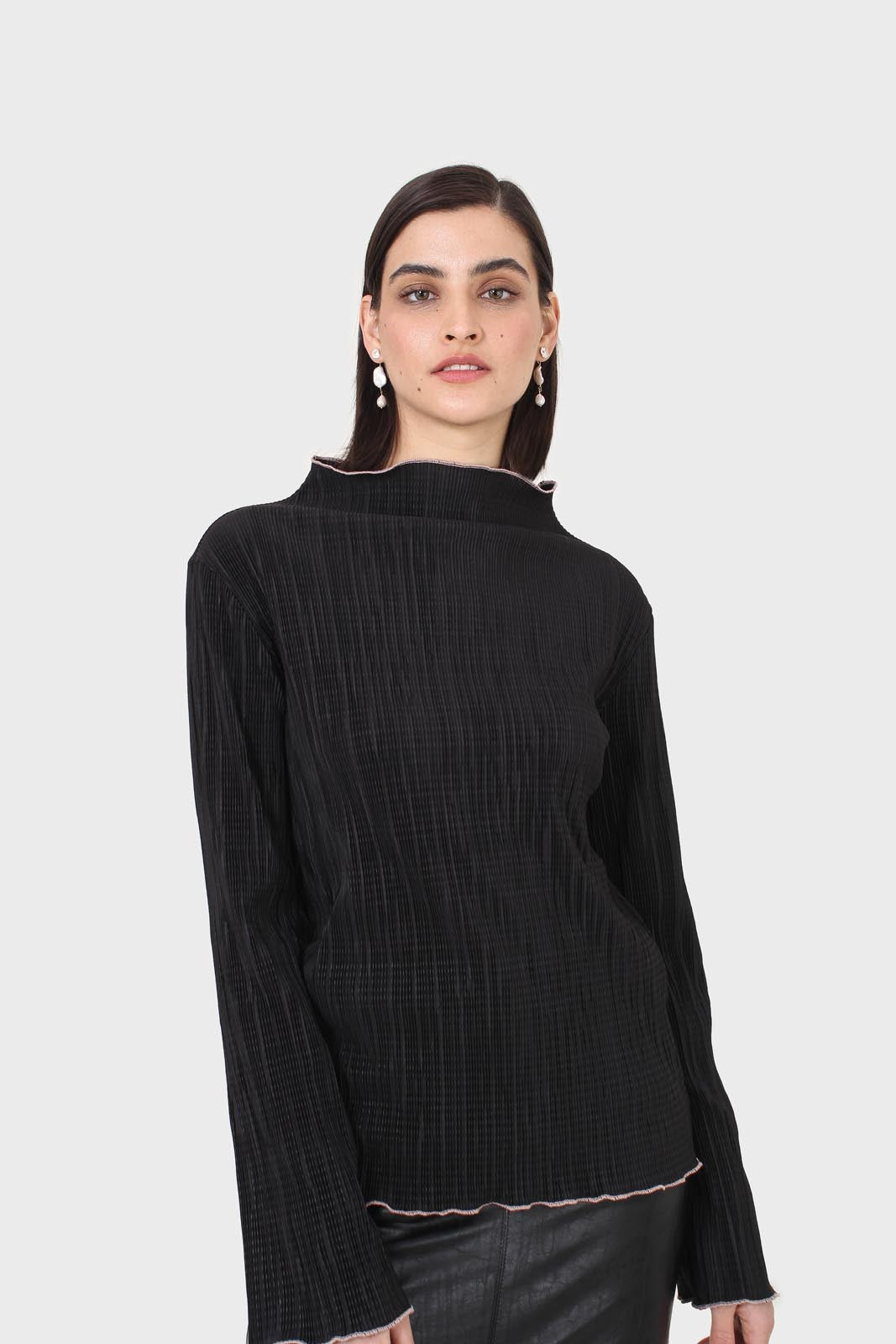 Black micro pleat pink contrast trim long sleeved top