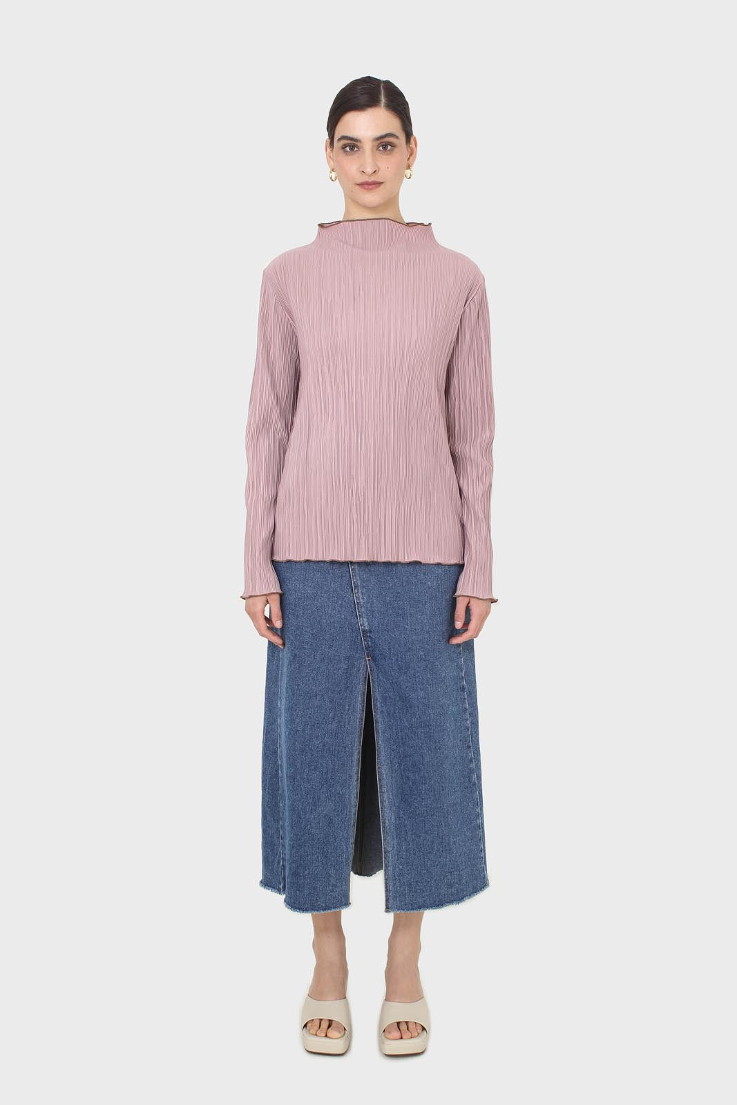 Pink micro pleat khaki contrast trim long sleeved top