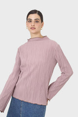 Pink micro pleat khaki contrast trim long sleeved top