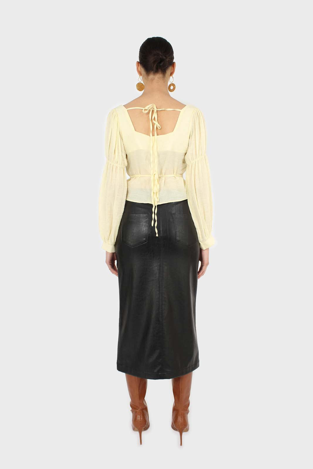 Yellow balloon sleeve bodice tie back top
