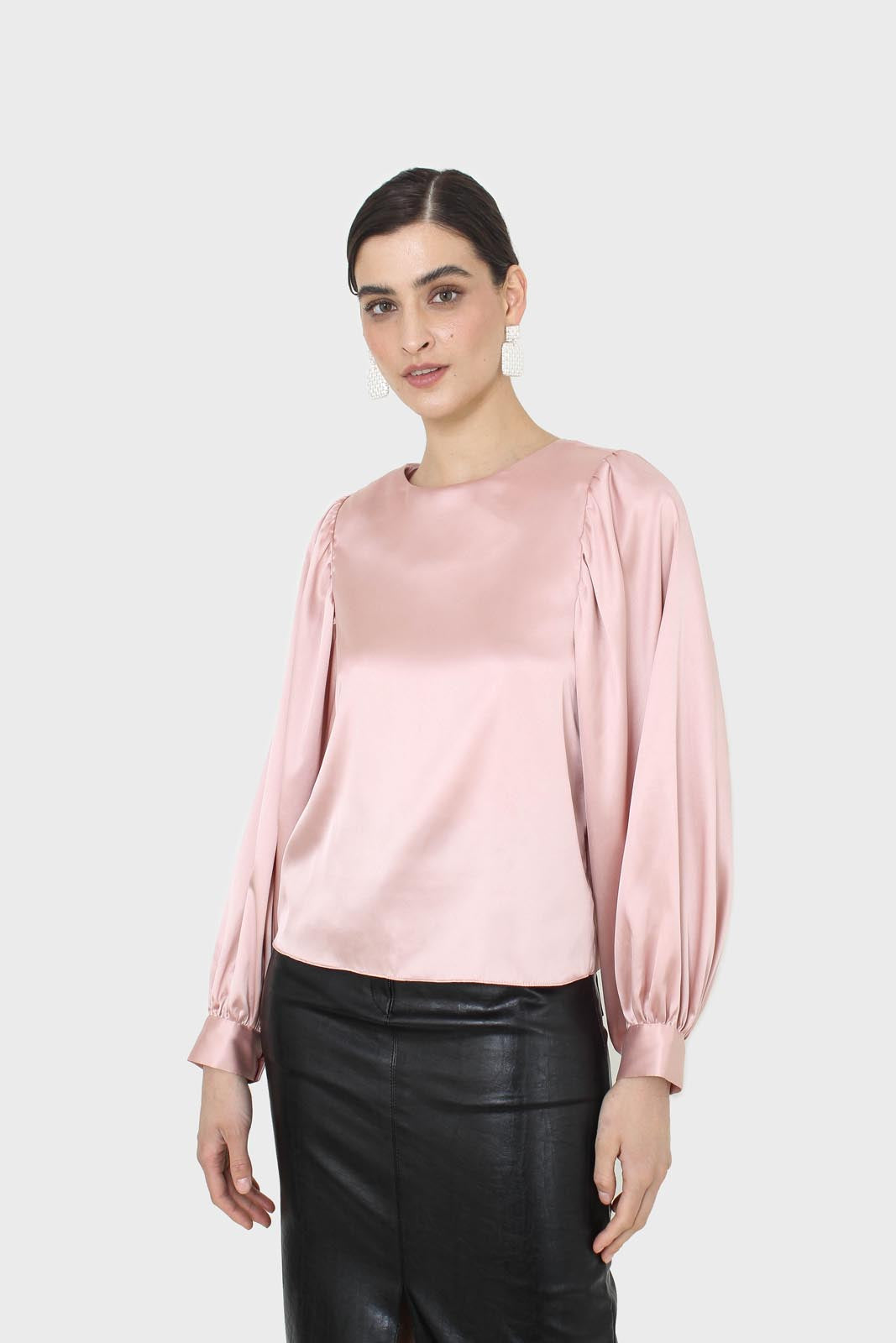 Pink silky balloon sleeve blouse