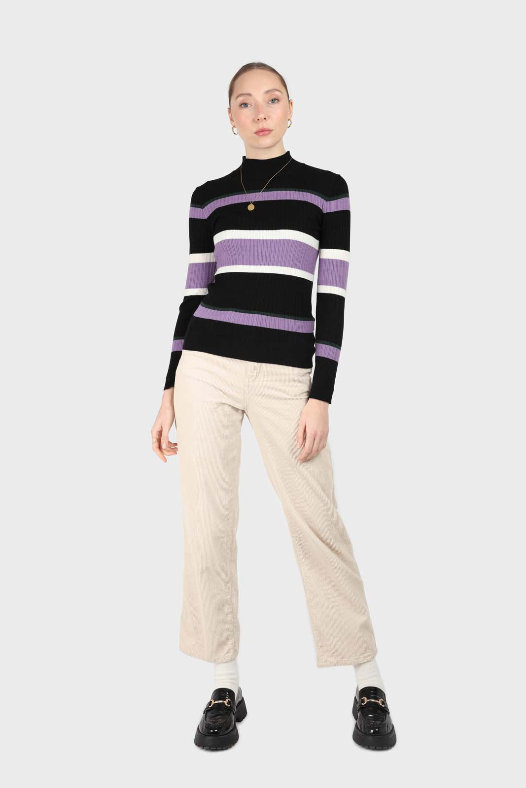 Black and lilac multi stripe long sleeve top