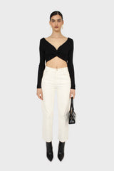 Black twist front long sleeve crop top