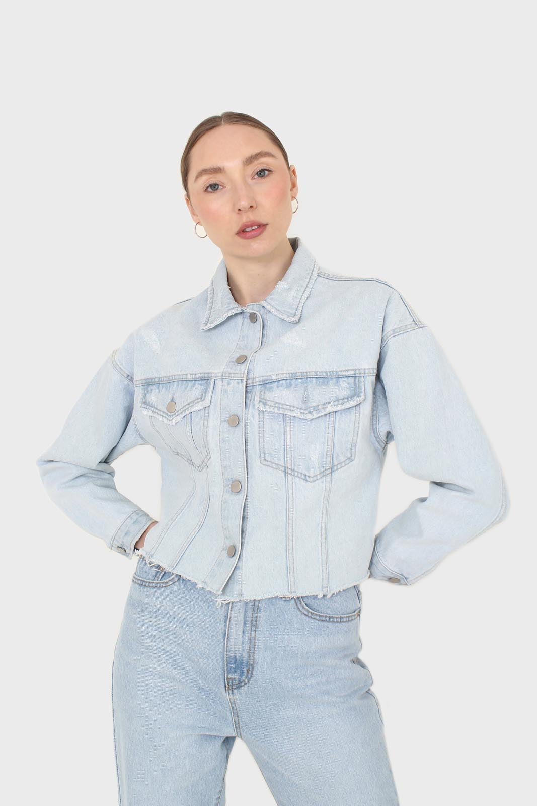 Blue cut hem crop denim jacket