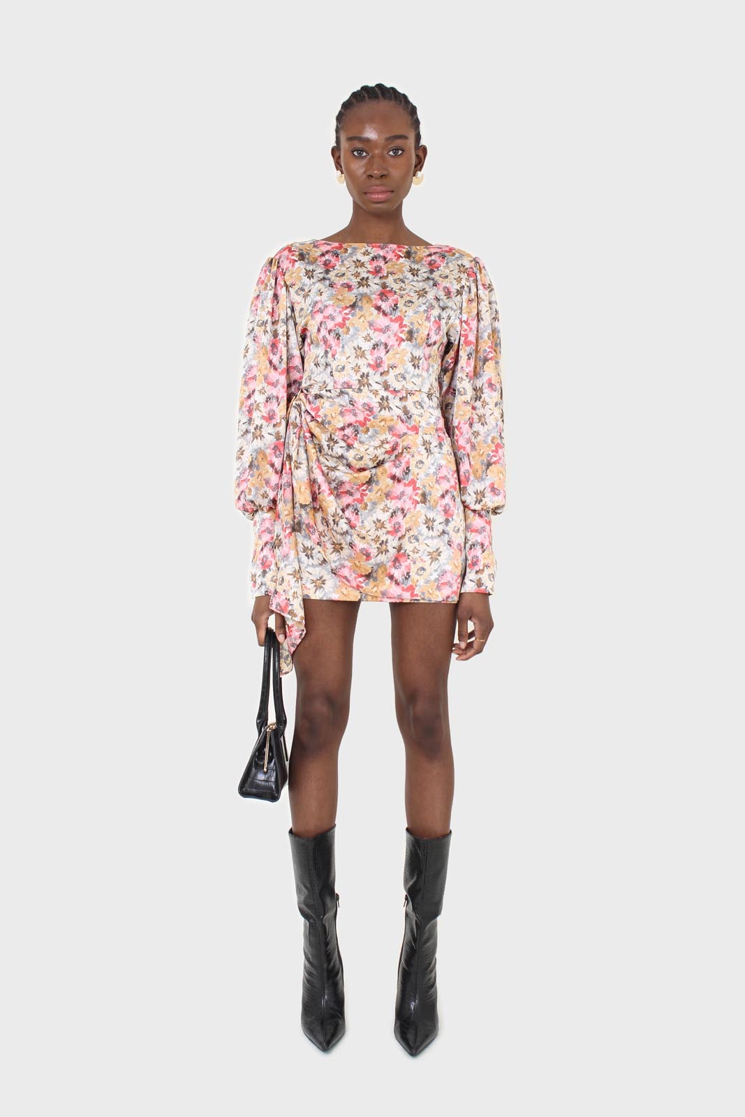 Pink balloon sleeve floral tie waist mini dress