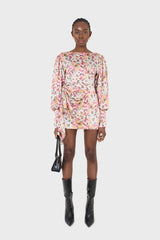 Pink balloon sleeve floral tie waist mini dress