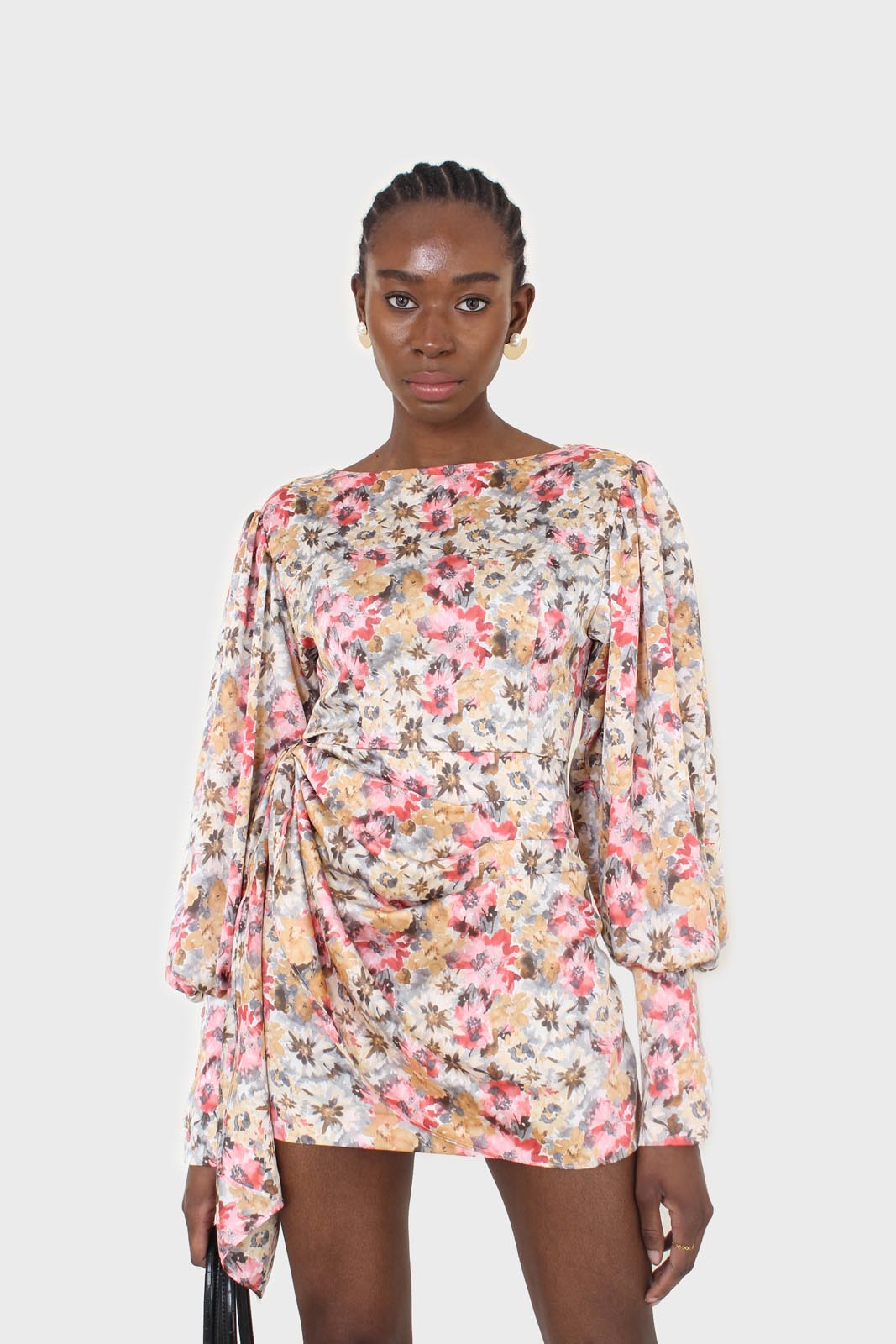 Pink balloon sleeve floral tie waist mini dress