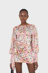 Pink balloon sleeve floral tie waist mini dress