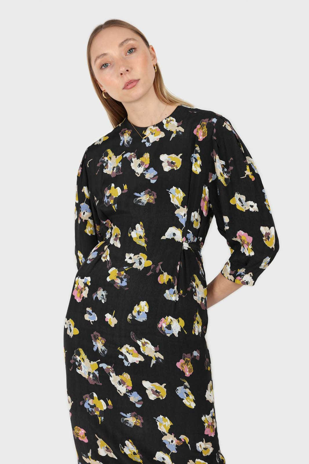 Black floral bias cut long sleeved maxi dress