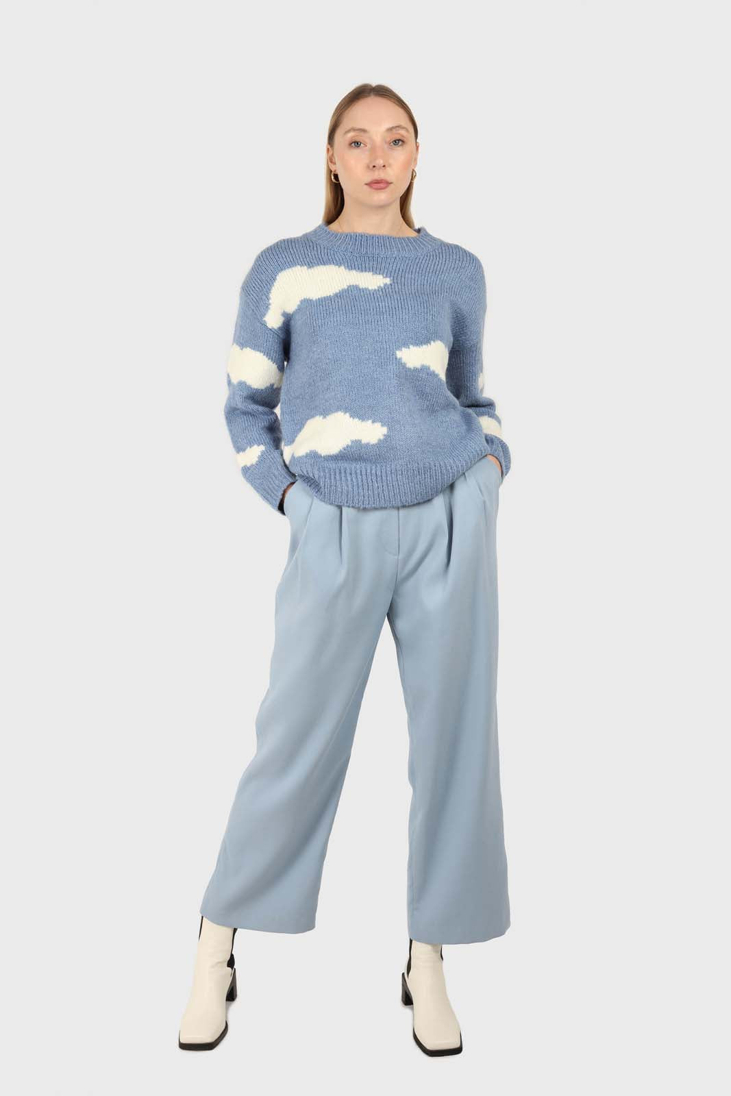 Mid blue wide leg tab waist smart trousers