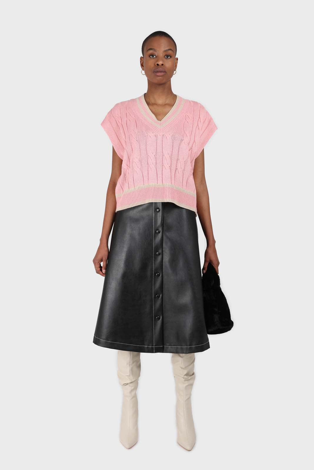 Black vegan leather contrast stitch button maxi skirt