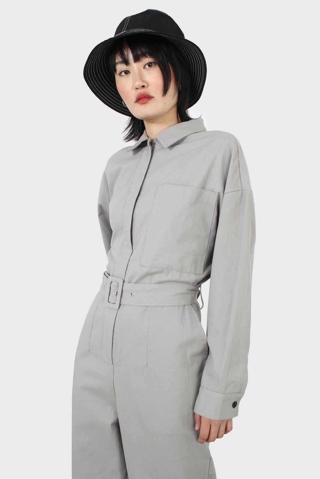 Grey patch pocket belted boilersuit