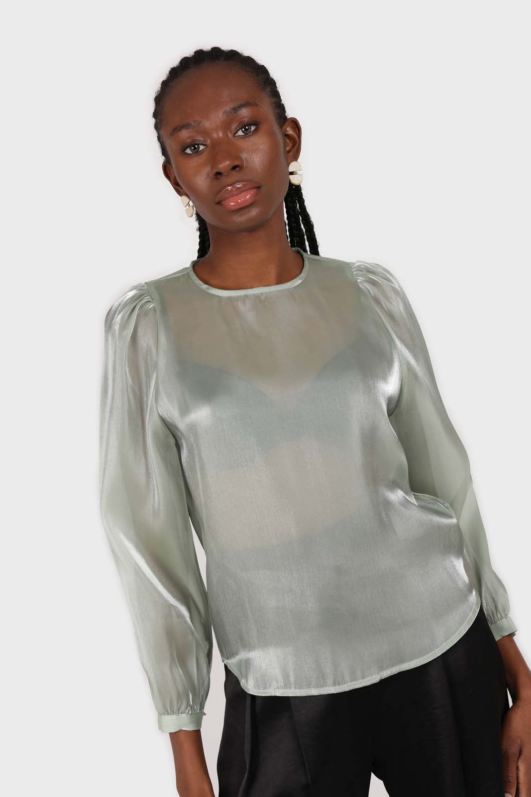 Mint green balloon sleeve silky top