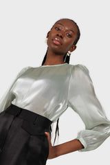Mint green balloon sleeve silky top