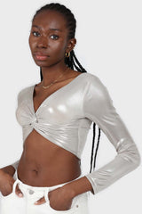 Silver twist front long sleeved crop top