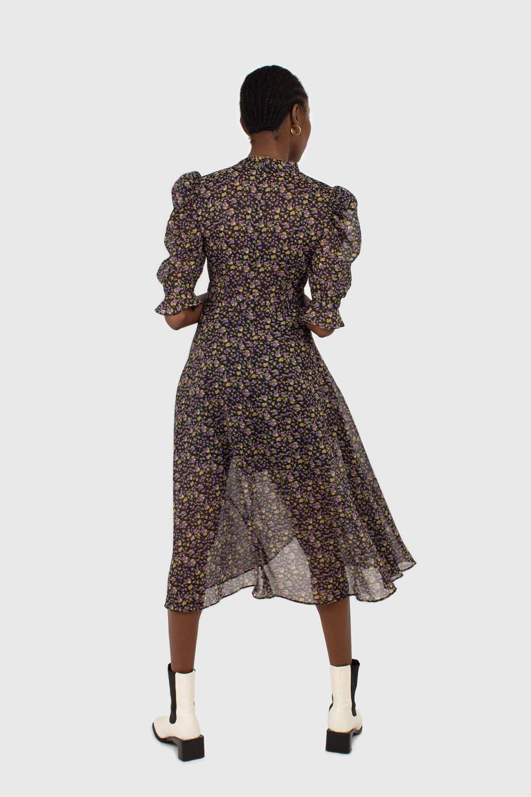 Black and purple yellow floral sheer midi dress